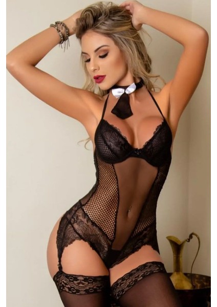 Modern Elegant Dikkat Çekici Çoraplı Papyonlu Jartiyer Gecelik Kombin Set