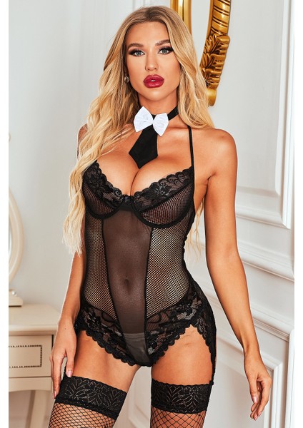 Modern Elegant Dikkat Çekici Çoraplı Papyonlu Jartiyer Gecelik Kombin Set fiyatları