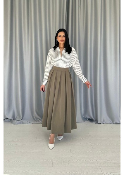 Haki Uzun Pileli Etek