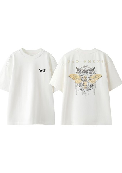 Bad Omens Sari Kelebek Tasarım Sırt Baskılı Pamuk Beyaz Oversize T-Shirt