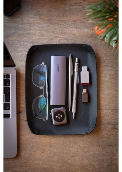 Luxury Deri Tepsi (Büyük) Masaüstü Organizer Siyah Crazy - Gerçek Deri & El Yapımı - Minimalist Tasarım 1 Adet