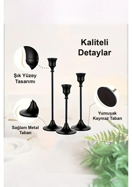 Luxury Sembol 3'lü Şamdan Seti Siyah Kaplama Dekoratif Zarif Metal Mumluk 1 Adet
