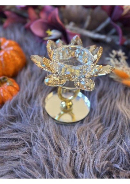 Luxury Yuvarlak Kristal Taşlı Lotus Tea Light Mumluk 1 Adet