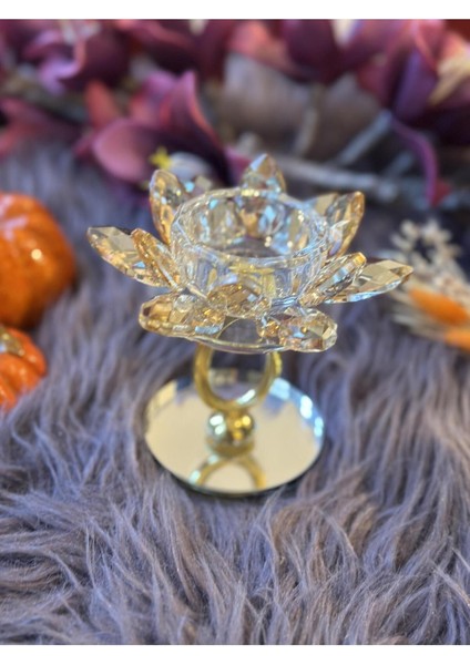 Luxury Yuvarlak Kristal Taşlı Lotus Tea Light Mumluk 1 Adet