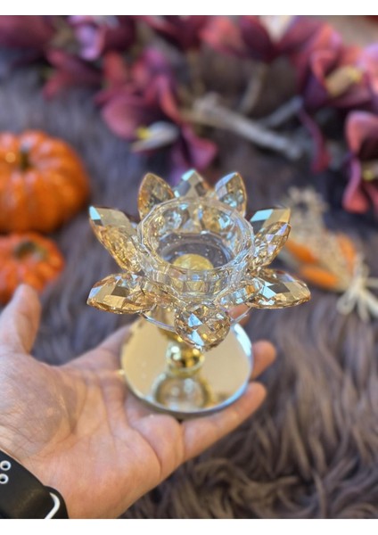 Luxury Yuvarlak Kristal Taşlı Lotus Tea Light Mumluk 1 Adet