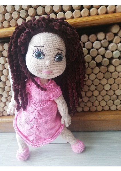 Luxury Amigurumi Makarna Saçlı Elbiseli Kız Bebek Eğitici Oyuncak 40 Cm. 1 Adet