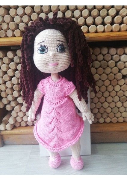 Luxury Amigurumi Makarna Saçlı Elbiseli Kız Bebek Eğitici Oyuncak 40 Cm. 1 Adet