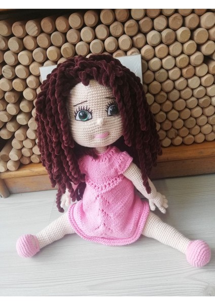 Luxury Amigurumi Makarna Saçlı Elbiseli Kız Bebek Eğitici Oyuncak 40 Cm. 1 Adet