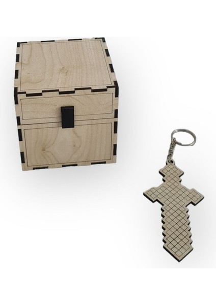 Luxury Ahşap Minecraft Sandık ve Anahtarlık - Dekoratif Kutu 1 Adet