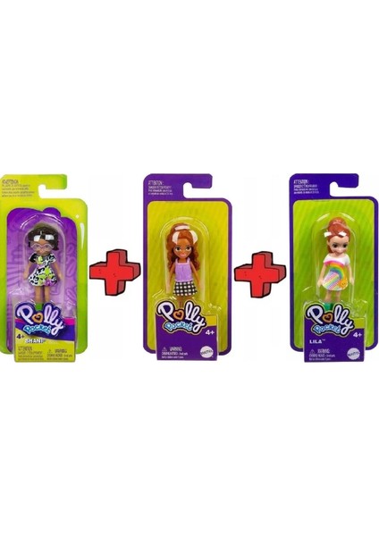 3'lü Set Polly Pocket Lila Shani Gökkuşağı Mor Çiçek Elbiseli Siyah Kahverengi Saçlı Gözlüklü Mattel 1 Adet