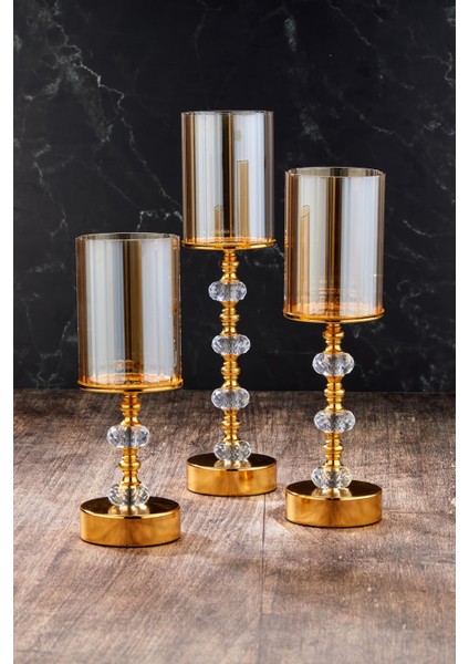 Luxury Kristal Taşlı Ayaklı Gold Şamdan 3'lü Set 1 Adet