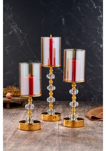 Luxury Kristal Taşlı Ayaklı Gold Şamdan 3'lü Set 1 Adet