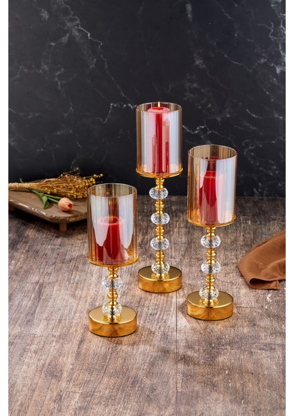 Luxury Kristal Taşlı Ayaklı Gold Şamdan 3'lü Set 1 Adet