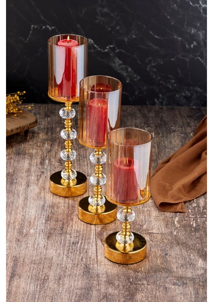 Luxury Kristal Taşlı Ayaklı Gold Şamdan 3'lü Set 1 Adet