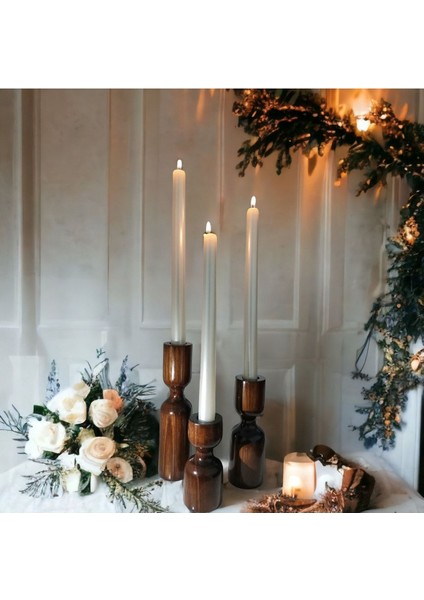 Luxury Iskandinav 3'lü Set Kızıl Ceviz Ahşap Şamdan Mumluk Minimalist Set Tımber Dekoratif 1 Adet
