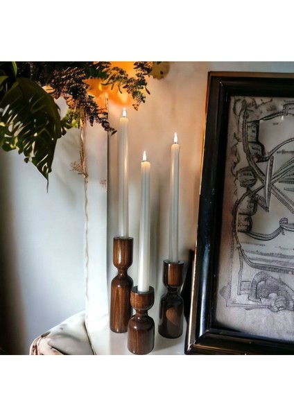 Luxury Iskandinav 3'lü Set Kızıl Ceviz Ahşap Şamdan Mumluk Minimalist Set Tımber Dekoratif 1 Adet