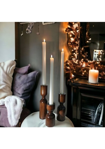 Luxury Iskandinav 3'lü Set Kızıl Ceviz Ahşap Şamdan Mumluk Minimalist Set Tımber Dekoratif 1 Adet