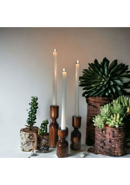 Luxury Iskandinav 3'lü Set Kızıl Ceviz Ahşap Şamdan Mumluk Minimalist Set Tımber Dekoratif 1 Adet