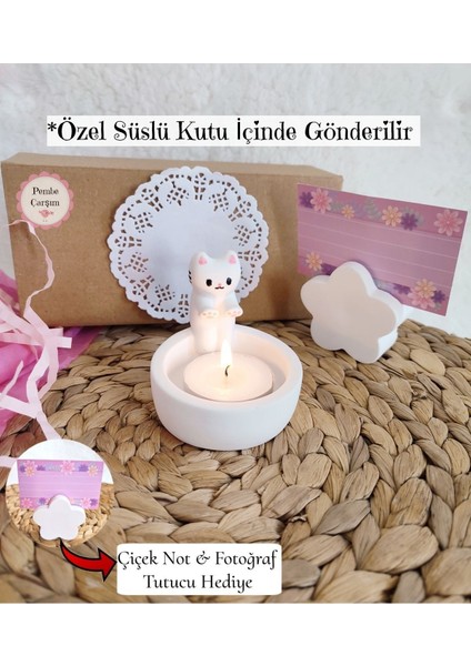Luxury Özel Süslü Kutuda Isınan Kedi Mumluk & Çiçek Not Tutucu Hediyeli - Mum Fiyata Dahildir 1 Adet