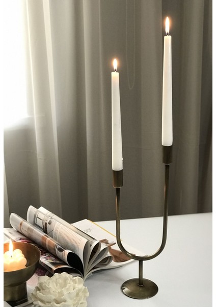 Luxury Metal Şamdan & Mumluk 2 Kollu Dekoratif Eskitme Pirinç Şamdan 1 Adet