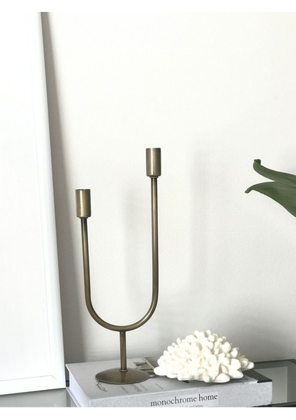 Luxury Metal Şamdan & Mumluk 2 Kollu Dekoratif Eskitme Pirinç Şamdan 1 Adet