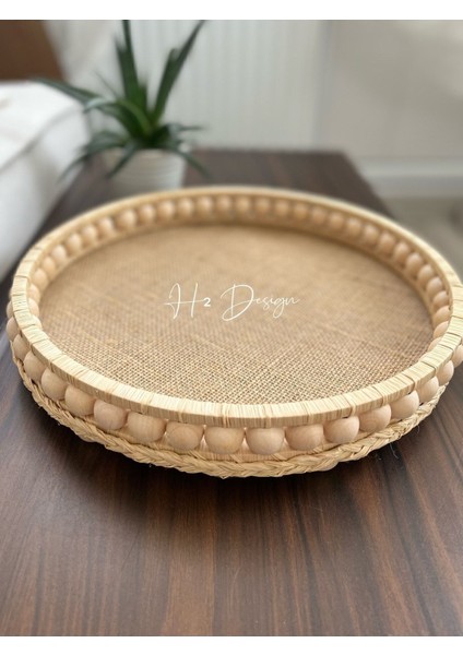 Luxury Ahşap Boncuklu Doğal Rafya Hasır Dekoratif Tepsi 29.5 cm 1 Adet