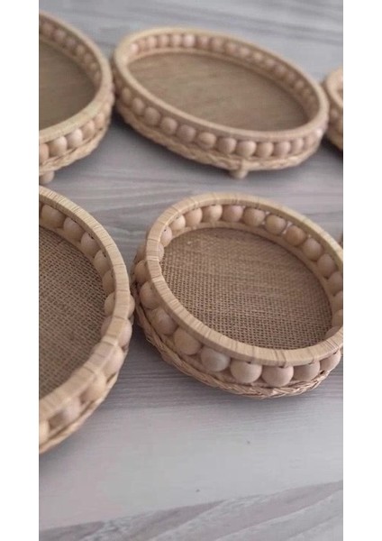 Luxury Ahşap Boncuklu Doğal Rafya Hasır Dekoratif Tepsi 29.5 cm 1 Adet fiyatları