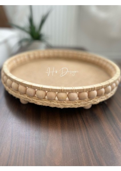 Luxury Ahşap Boncuklu Doğal Rafya Hasır Dekoratif Tepsi 29.5 cm 1 Adet modelleri