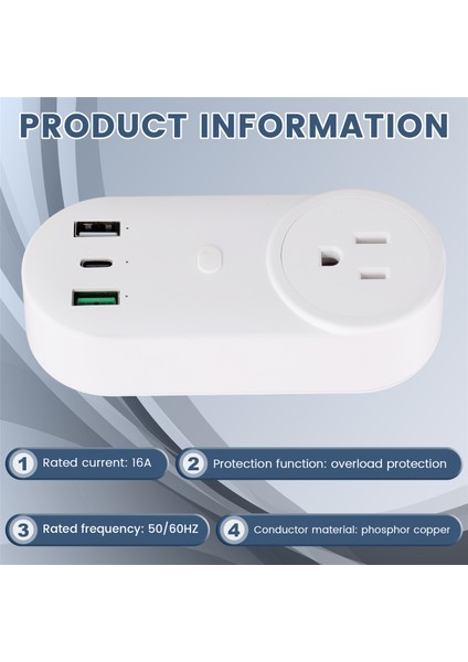 Akıllı Soket Wifi Fişi 16A 2 Delikli Usb+Tip-C Abd Fişi (Yurt Dışından)
