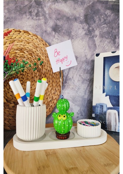Luxury Dekoratif Sevimli Lucky Kaktüs Notluk ve Kalemlik Seti, 4lü Masaüstü Organizer 1 Adet