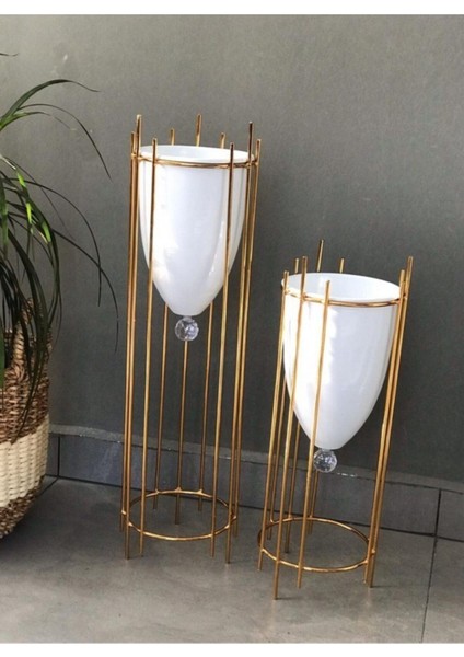 Luxury Dekoratif 2'li Krom Kaplı Çiçeklik Saksılık Büyük Boy Vazo Dekor 1 Adet