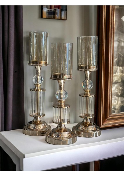 Luxury Dekoratif 3 Lü Kristal Şamdan & Mumluk Rose Gold 1 Adet