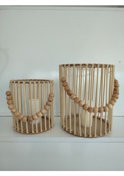 Luxury El Yapımı Bambu Fener Mumluk 2 Li Set (25CM-19CM) 1 Adet
