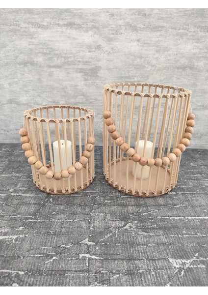 Luxury El Yapımı Bambu Fener Mumluk 2 Li Set (25CM-19CM) 1 Adet