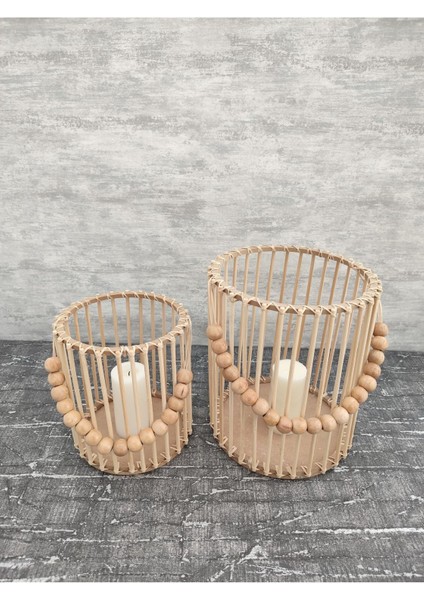 Luxury El Yapımı Bambu Fener Mumluk 2 Li Set (25CM-19CM) 1 Adet