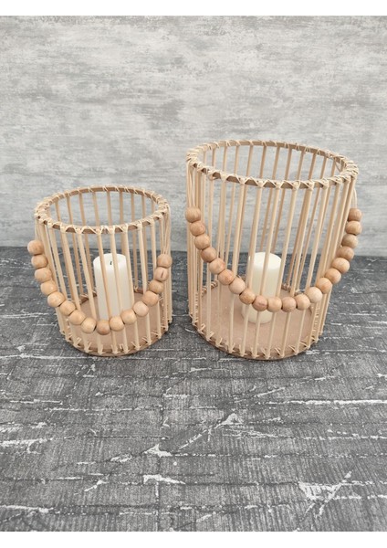 Luxury El Yapımı Bambu Fener Mumluk 2 Li Set (25CM-19CM) 1 Adet