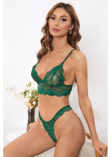 Kadın Yeşil Çapraz Sırt Detaylı Şık Bralet Takım