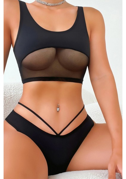Kadın Siyah Çapraz Ip Detaylı Şık Bikini Takımı