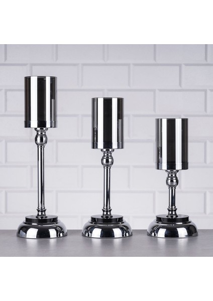 Luxury Siyah Cam Dip 3lü Şamdan 28-33-38CM. 1 Adet