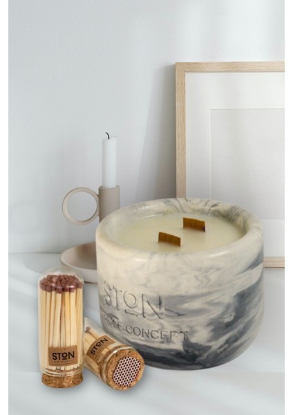Luxury Marble Glow Kibritli Set – Siyah Beyaz Beton Mum 1 Adet