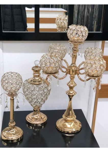 Luxury Gold Kristal Taşlı 5 Li Şamdan Takımı ( Şamdan+Vazo+Tekli Şamdan) 1 Adet indirimleri