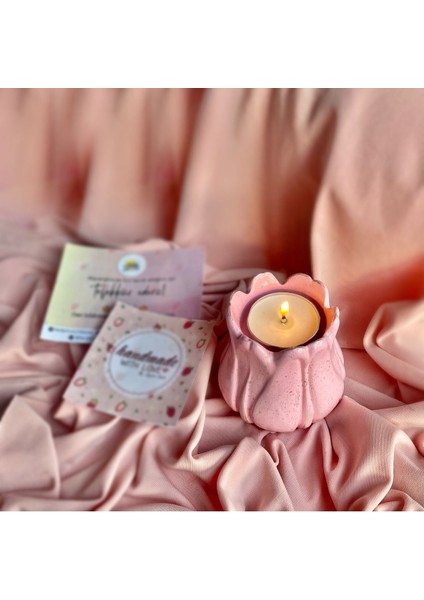 Luxury Dekoratif Simli Pembe Lale Mumluk + Tealight Mum Seti 1 Adet