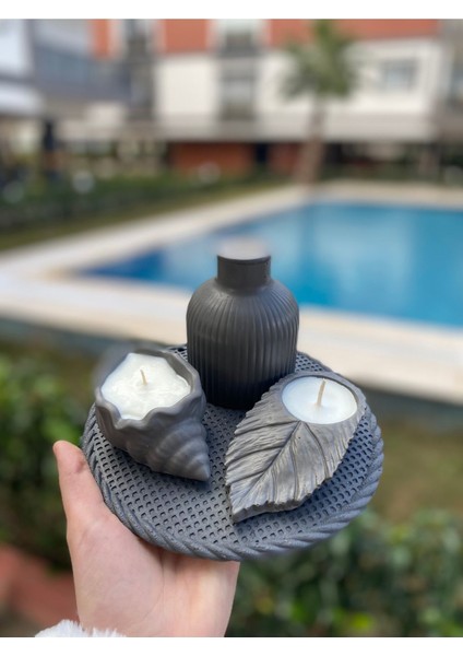 Luxury 3’lü Beton Tabaklı Mumluk Dekoratif Set Kokulu Mum 1 Adet