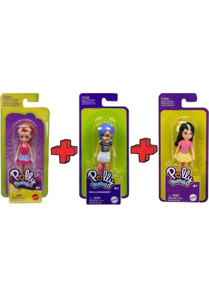 3'lü Polly Pocket Bella Bigowski Lila Siyah Mor Mavi Kahverengi Saçlı Pembe Sarı Beyaz Elbiseli Poly 1 Adet