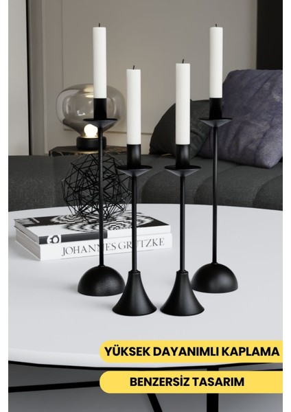 Luxury Lüks Siyah 4'lü Şamdan Seti - Paslanmaz Metal Dekoratif Mumluk Ev ve Masa Dekorasyonu 1 Adet