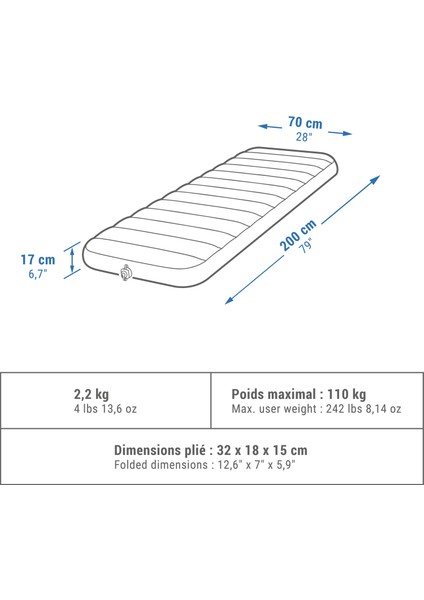 Quechua Şişirilebilir Kamp Matı - 70 cm - 1 Kişilik - Gri -Air Comfort