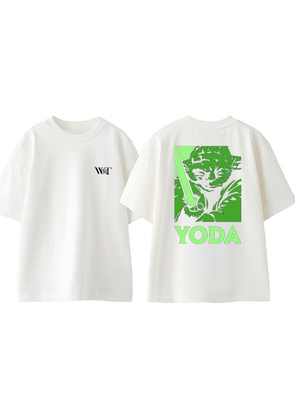 Star Wars Yoda Tasarım Sırt Baskılı Pamuk Beyaz Oversize T-Shirt