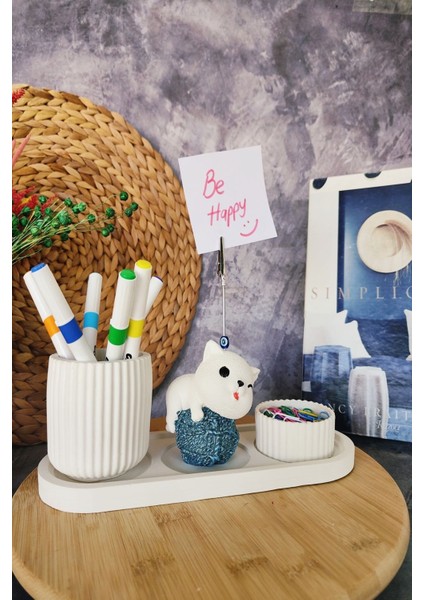 Luxury Dekoratif Sevimli Kedi Notluk, Kalemlik ve Ataşlık Seti, 4lü Masaüstü Organizer 1 Adet