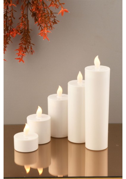 Luxury 5'li Pilli LED Silindir Mum 5 Boy, Baton Mum Beyaz Renk 1 Adet