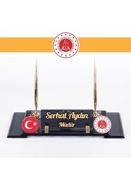 Luxury Adalet Bakanlığı Logolu Türk Bayraklı Masa Isimliği Bayrak Logolu Elit Kristal Ofis Masaüstü Isimlik 1 Adet